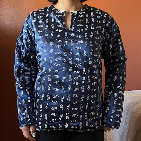 quilted fish print long sleeve blouse blue and white small medium Undercover - Picture 2 of 10
